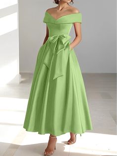 A-Linien-Kleid für Hochzeitsgäste, elegantes Kleid, halbformelles Kleid, wadenlang, kurze Ärmel, schulterfrei, Tasche, Satin mit Schleife(n), 2024 2024 - $118.99 Vermilion Red, Moda Vintage, Bride Dresses, British Indian, Tea Length, Kentucky Derby, Mother Of The Bride Dresses, Cocktail Dresses, Bride Dress