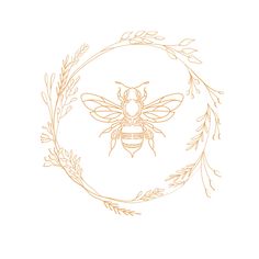 a drawing of a bee in a circle with leaves and branches around it on a white background