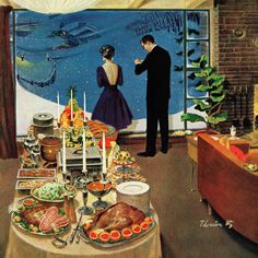 a man and woman standing in front of a table full of food, looking out the window