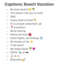 the captions beach vacation are written in different colors and sizes, including red, yellow, green, blue, white