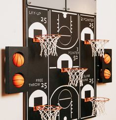 a basketball hoop mounted to the side of a wall with three basketballs on it