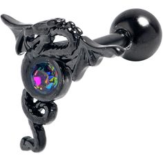 Product Details16 Gauge 1/4 Purple Tourmaline Black Majestic Dragon Cartilage Earring Get ready to roar when you are rocking this 16 gauge tragus stud. It is made with a 6mm black PVD over 316L surgical grade stainless steel straight barbell with a 4mm ball end. It features a majestic dragon charm, with simple detailing. It is set at the center with a magnificent purple tourmaline as befits such a regal creature. You can even rock it in multiple piercings including tragus, helix, and some conch Purple Tourmaline, Majestic Dragon, Conch Piercing Jewelry, Opal Nose Ring, Daith Piercing Jewelry, Tragus Piercing Jewelry, Pregnancy Belly Rings, Horseshoe Jewelry, Helix Piercing Jewelry