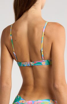 This printed bikini top features a supportive underwire and triangle cups for all-day comfort at the beach. Clasps at back Adjustable straps 78% recycled nylon, 22% elasane Machine wash, line dry Imported Multicolor Strapped Swimwear For Pool, Multicolor Strappy Swimwear For Pool, Multicolor T-back Swimwear With Adjustable Straps, Multicolor Swimwear With Adjustable Straps For Pool, Underwire Swimwear With Straps For Beach Party, Multicolor Strappy Swimwear With Adjustable Straps, Summer Swimwear With Spaghetti Straps And Padded Cups, Multicolor Strapped Swimwear For Vacation, Multicolor Strappy Swimwear For Vacation