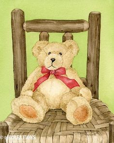 a painting of a teddy bear sitting in a chair with a red bow on it's neck