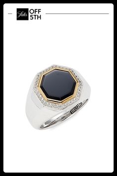 Effy’s Classic Signet Ring Is Crafted From Polished White Gold And A Contrasting Ring Of Gold Plating. Adorned With A Halo Of Round Diamonds, It Features A Smooth Onyx Stone At The Center. White Sapphire & Onyx, 4.66 Tcw Sterling Silver & 14k Goldplating Made In Usa Size Width, About 0.69" Diameter, About 0.72" Please Note: Sapphires May Be Treated To Enhance Color And Clarity. Warranty Services Are Provided Exclusively B. Center Core - Jewelry Trunk > Saks Off 5th. Effy. Size: 10. Luxury Silver Ring With Gemstone Accents, Luxury Onyx Jewelry, Luxury Silver Rings With Gemstone Accents, Luxury White Gold Rings With Gemstone Accents, Fine Jewelry With Polished Edges For Formal Occasions, Fine Jewelry With Polished Edges For Formal Events, Formal White Gold Rings With Gemstone Accents, Designer Oval Jewelry With Polished Finish, Formal Octagon Rings With Gemstone Accents