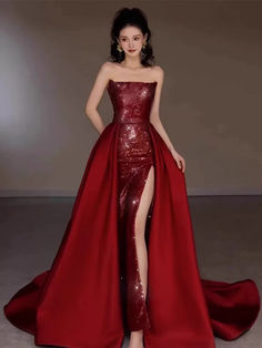 Sexy Mermaid Red Sleeveless Long Sequin Slit Prom Dress Evening Dresses C3801 Strapless Dress Prom, Red Long Prom Dress, Dress Red Long, Pretty Red Dress, Party Dress Red, Prom Dresses Red, Sleeveless Party Dress, Preppy Dresses