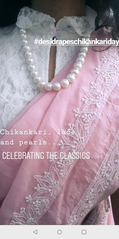 White Blouse And Saree Combination, Chikan Saree Blouse Design, Sarees With White Blouse, White Chickenkari Saree, White Pearl Blouse For Saree, Chickenkari Blouse Designs Latest, White Saree Pink Blouse, Pearl Necklace With Saree, Chikan Kari Saree