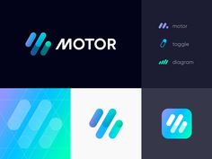 the logo for motor, which is designed in three different colors and shapes with an abstract design