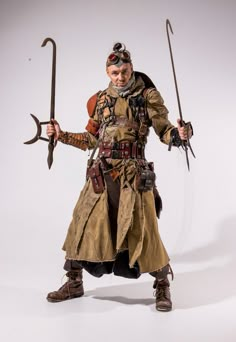 a man dressed as a warrior holding two swords