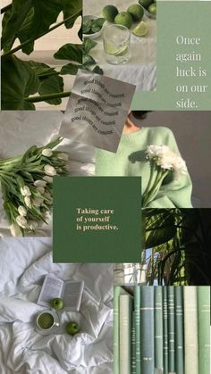 the collage is filled with green and white flowers, books, and cards that say each other