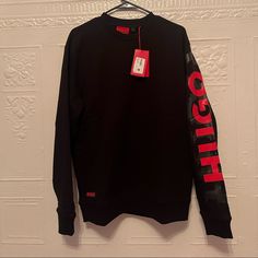 New Crewneck Long Sleeves Pull-Over Style 100% Cotton Machine Wash Imported Black Long Sleeve Sweater With Logo Detail, Black Long Sleeve Sweater With Logo, Casual Black Sweater With Logo Detail, Black Crew Neck Top With Logo Detail, Red Long Sleeve Sweatshirt With Logo, Boss Black, Logo Sweatshirt, Hugo Boss, Black Red