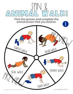 an animal walk poster with the words, spin and animals in different positions on it