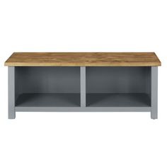 a grey and oak coffee table with two shelves