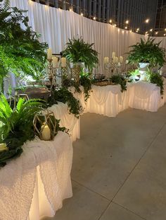 tables with white tablecloths and green plants on them