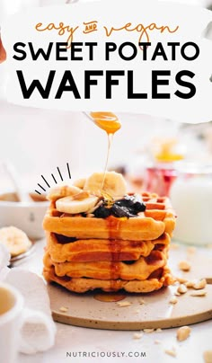 a stack of waffles with syrup being drizzled over it and the words easy vegan sweet potato waffles