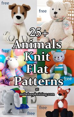 several knitted animals with the text 25 free animal knitting patterns for kids and adults