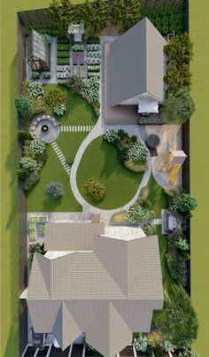 an aerial view of a house with lots of trees and bushes in the yard,