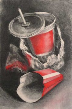 a drawing of a red cup with a straw in it sitting next to a piece of paper