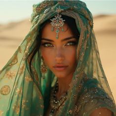 a beautiful woman wearing a green veil and headpiece with jewels on her forehead, in the desert