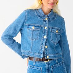 This Super-Flattering, 100% Cotton Denim Jacket Is An Instant Classic And Fashion Editor Favorite! Level Up Your Texas Tuxedo With The Collarless, Cropped Fit And Ladylike Gold Buttons, Or Top Off A Pair Of Trousers To Exploit Her Continental Chic It Is In Excellent New Condition And Just Has Not Left My Closet. Please Take It Before I Convince Myself To Wear It Cropped Denim Top For Work, Cropped Denim Top With Button Closure For Fall, Cropped Denim Top For Spring Workwear, Chic Long Sleeve Denim Jacket With Flap Pockets, Spring Denim Blue Utility Jacket With Flap Pockets, Denim Blue Utility Jacket With Flap Pockets For Spring, Chic Cropped Medium Wash Outerwear, Chic Cropped Outerwear In Medium Wash, Chic Denim Jacket With Flap Pockets