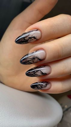 Black Design Nail Art, White To Black Ombre Nails, Corporate Goth Nails, Black And Silver Almond Nails, Black Smokey Nails, Neutral And Black Nails, Black Nails Marble, Edgy Almond Nails, Emo Nail Ideas