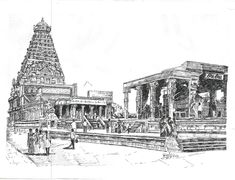 an ink drawing of a temple in india