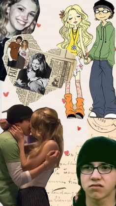 a collage of people with different pictures and words on them, including an image of a man kissing a woman's head