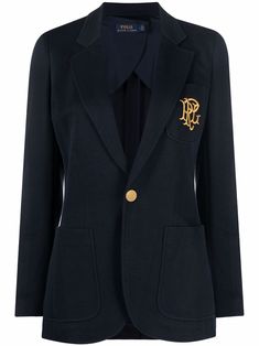 navy blue cotton blend warp knit dart detailing embroidered logo at the chest gold-tone hardware front button fastening notched lapels chest patch pocket two side patch pockets buttoned-cuff sleeves partial lining central rear vent Ralph Lauren Blazer, Slim Fit Blazer, Ralph Lauren Slim Fit, Blazer Blue, Embroidered Monogram, Blazer Designs, Ralph Lauren Women, Knit Blazer, Ralph Lauren Outfits