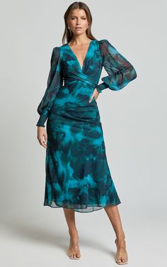 Artelia Midi Dress - V Neck Long Sleeve Slip Dress in Emerald | Showpo USA Elegant V-neck Maxi Dress With Abstract Print, Fitted V-neck Midi Dress With Abstract Print, Elegant V-neck Midi Dress With Abstract Print, Chic Fall Gala Dresses, Elegant Long Sleeve Dress With Abstract Print, Chic Green Midi Dress For Gala, Elegant Long Sleeve Midi Dress With Abstract Print, Long Sleeve Dresses With Abstract Print For Party, Fitted V-neck Dress With Abstract Print