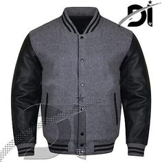 Trendy Fashion Varsity Dk Grey Letterman Baseball Wool & Black Real Leather Sleeves Jacket, Mens Coats Jackets Vests Classic Leather Varsity Jacket For Streetwear, Classic Black Varsity Jacket With Pockets, Fitted Black Leather Varsity Jacket, Classic Black Cotton Varsity Jacket, Classic Black Leather Varsity Jacket, Leather Sleeve Jacket, Leather Sleeves, Men's Coats & Jackets, Leather Sleeve