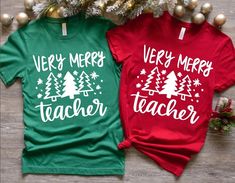 Very Merry Teacher Shirt, Very Merry Teacher Christmas T-Shirt, School Teacher Team Shirt, Pre-K Teacher Shirt, Favorite Teacher Shirt Very Merry Christmas to your Very Merry Teacher! Celebrate your school teacher with this festive t-shirt as a fun gift. You have the option of getting the shirt in any color on our color selection list. Review All pictures to find the color selection list. Special shirt for a special teacher in your life. All Shirts are Bella Canvas  100% airlume combed and ringspun cotton. They have a retail fit, unisex sizing, should taping, side-seamed. tear away labels and are pre-shrunk.    How to Order 1. Choose your size 2. Select your primary shirt color 3.Add a note to seller when checking out with any special requests When Will I get my Order?  -Standard Processin Teacher Christmas Shirts, Pre K Teacher, Elf Shirt, Teacher Team, Favorite Teacher, Merry Christmas To You, Team Shirt, Teacher Christmas, Very Merry Christmas