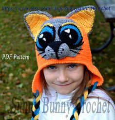 Crochet Pattern, Hat Pattern, Crochet Hat, Child Animal Hat, Cat Hat Pattern, Beanie and Earflap Pattern, Animal hat pattern, Child Hat Very detailed unique crochet pattern with plenty of photos and description of every steps, consists of 45 pages!    You also can print separately brief description of this crochet pattern for each size (at the end of this tutorial). ♥ This Children Cat Animal Hat with Large Eyes is so fun to make, and even more fun to wear!  This crochet cat hat is suitable for boys and girls of all ages! It has earflaps, cat ears, nose, eyes, cheeks - full cute 3D muzzle of the cat)) You can make this crochet  animal hat in any colors suitable for boys and girls and you can make it from any yarn- from acrylic till woolen. This kids animal hat will be perfect for fall, win Kids Animal Hats, Cat Hat Pattern, Kids Hats Patterns, Kat Haken, Hat Pattern Crochet, Crochet Animal Hats, Child Hat, Reverse Single Crochet, Crochet Cat Hat