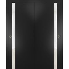 an open black door with white trim and two lights on each side, in front of a white background