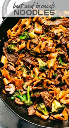 beef and broccoli noodle stir fry in a skillet with text overlay