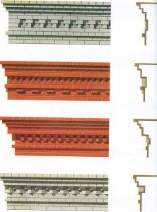 four different types of brick and stone work on the outside of a building, each with decorative designs