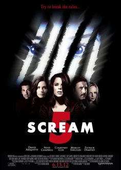 scream movie poster with the number five on it's face and four people standing in front of them