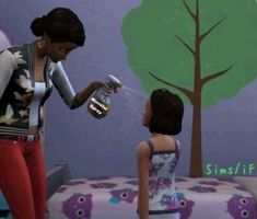 an animated image of a woman spraying her daughter's hair with a sprayer