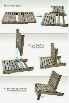 instructions to build an outdoor lounge chair out of pallets and wooden planks for the back