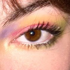 fun makeup looks, makeup inspo, colorful, glitter eyeshadow, rainbow eye, brown eyes, aesthetic, sparkles Brown Rainbow Aesthetic, Polka Dot Eye Makeup, Simple Rainbow Makeup, Makeup Inspo Colorful, Casual Eyeshadow, Simple Colorful Makeup, Subtle Colorful Eye Makeup, Simple Colorful Eye Makeup, Eyeshadow Rainbow