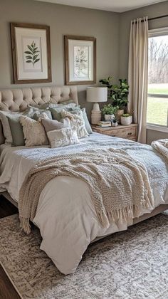 a large bed sitting in a bedroom next to a window with two framed pictures on the wall