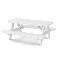 a white picnic table with two benches