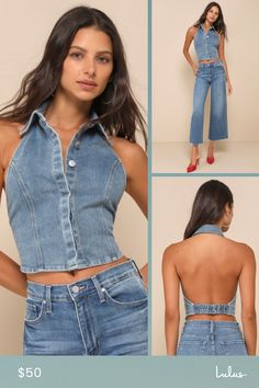 The Lulus Sensational Trend Light Wash Denim Collared Backless Crop Top is exactly what you need to be a stylish icon wherever you go! Slightly stretchy, cotton-blend denim shapes this must-have top that features a halter-inspired, collared neckline and a sleeveless, princess-seamed bodice. The cropped silhouette features a hidden, functional button placket at the center and a wide, elasticized strap at the hem that crosses the otherwise open back. Fit: This garment fits true to size. Bust: Grea Casual Denim Blue Top For Night Out, Denim Blue Jeans For Summer Night Out, Chic Denim Blue Tops For Night Out, Casual Denim Top For Night Out, Chic Cropped Medium Wash Top, Denim Tops For Night Out In Spring, Medium Wash Jeans For Night Out In Spring, Dark Wash Stretch Cropped Tops, Dark Wash Cropped Stretch Tops