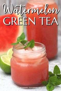 watermelon green tea in a mason jar with lime and mint on the side