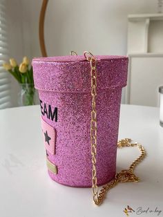 BirdinBag - Compact Sparkle Letter Print Bucket Bag: A Chic Fashion Must-Have Pink Mobile Phone Box Bag Gift, Pink Rectangular Bucket Bag For Gift, Pink Rectangular Bucket Bag As Gift, Pink Shoulder Bucket Bag For Gift, Pink Shoulder Bucket Bag As Gift, Pink Bucket Bag For Parties, Pink Bucket Bag For Party, Large Capacity Pink Shoulder Bag For Party, Pink Large Capacity Shoulder Bag For Party