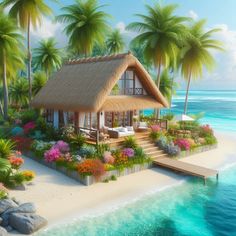 a tropical house on the beach surrounded by palm trees and flowers with a dock leading to it