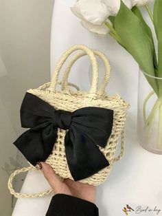 Bird in Bag - Straw Bag with Bow Decoration and Double Handles Spring Rectangular Bags With Bow, Spring Everyday Bag With Bow Detail, Casual Bag With Bow, Casual Bags With Bow, Chic Summer Satchel Bucket Bag, Casual Bag With Bow For Daily Use, Casual Bags With Bow For Daily Use, Trendy White Bag With Bow, Casual Daily Use Bag With Bow Detail