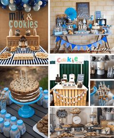 a collage of pictures with cookies, cakes and desserts on display at a birthday party