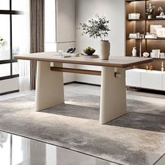 a dining room table with two vases sitting on it's sides and shelves in the background