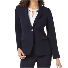 New With Tag Tommy Hilfiger Women's One-Button Blazer Black Suit Separates Size 2 Color Black Notch Collar Flap Pockets At Side Hips Shoulder Pads Long Sleeve Hits Below Hip Polyester/Rayon/Spandex Lining: Polyester Dry Clean Elegant Tailored Blazer With Snap Buttons, Elegant Blazer With Snap Buttons, Tailored Elegant Tommy Hilfiger Outerwear, Tommy Hilfiger Tailored Elegant Outerwear, Elegant Tommy Hilfiger Blazer, Fitted Elegant Tommy Hilfiger Blazer, Elegant Tommy Hilfiger Business Casual Outerwear, Elegant Tommy Hilfiger Outerwear For Work, Elegant Tommy Hilfiger Outerwear For Business Casual