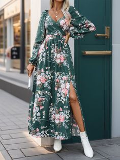 F00272404-103 Long Sleeve Ditsy Floral Maxi Dress For Garden Party, Chic Rose Print Maxi Dress, Casual Fitted Maxi Dress With Rose Print, Chic Maxi Dress With Rose Print, V-neck Rose Print Dresses For Spring, Spring Bohemian Rose Print Dress, Flowy V-neck Floral Dress, Fall Floral V-neck Dress For Garden Party, Fall Garden Party V-neck Floral Dress